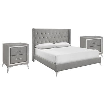 New Heritage Design Huxley King Upholstered Bed and Two Nightstands in Gray, , large