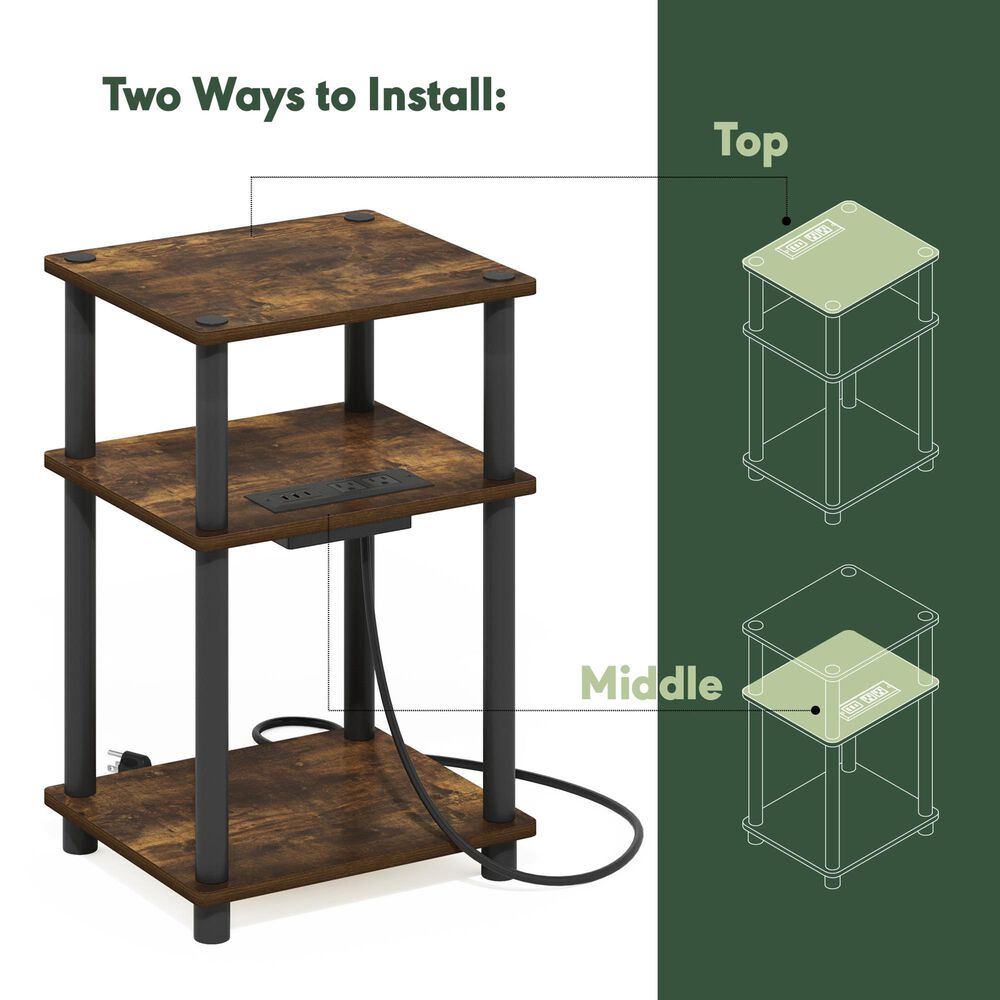 HOMLUX 3-Tier Turn-N-Tube End Table with 2 USB ports in Amber Pine and Black, , large