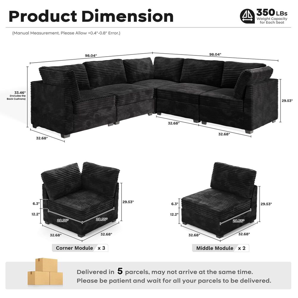 Noviland HOMLUX 5-Piece Mod Sectional with Chaise in Black, , large