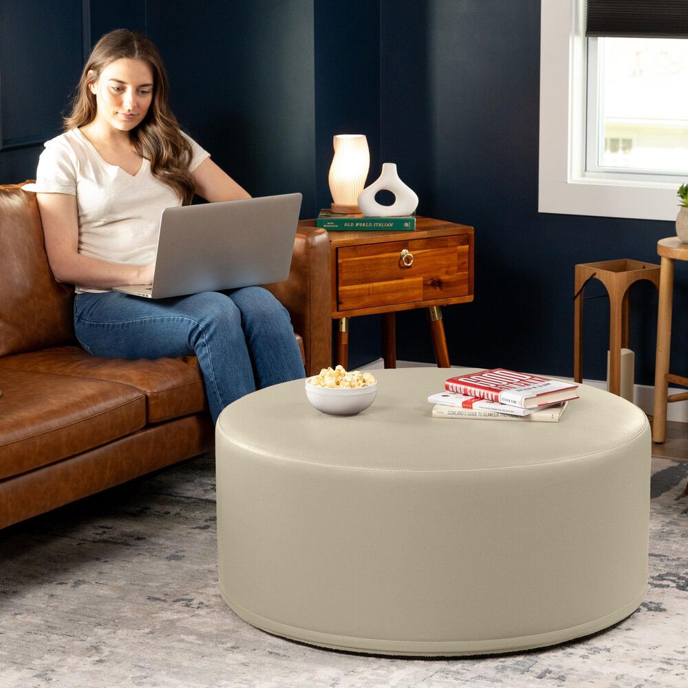 Jaxx Candler Faux Leather Ottoman in Natural Beige, , large