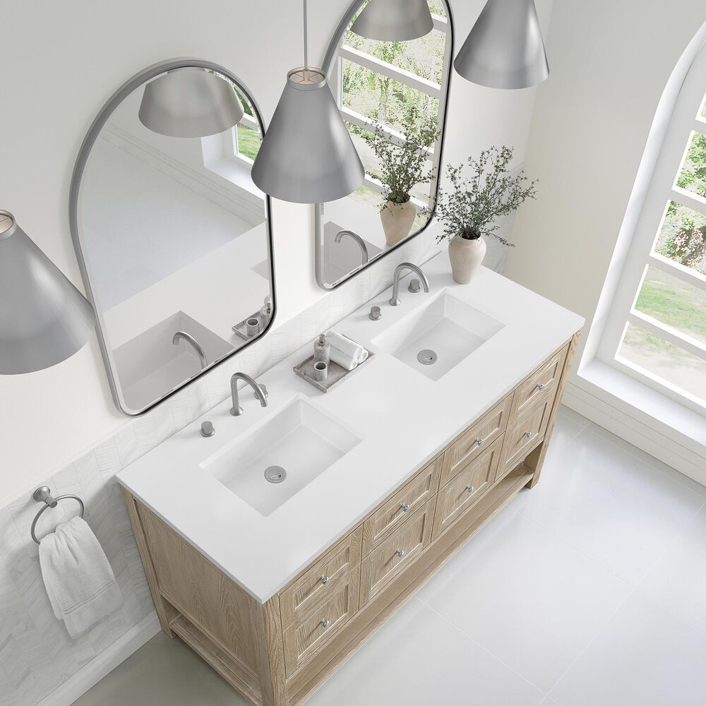 James Martin Vanities Breckenridge 60" Double Bathroom Vanity in Whitewashed Oak with 3 cm White Zeus Quartz Top and Rectangular Sinks, , large