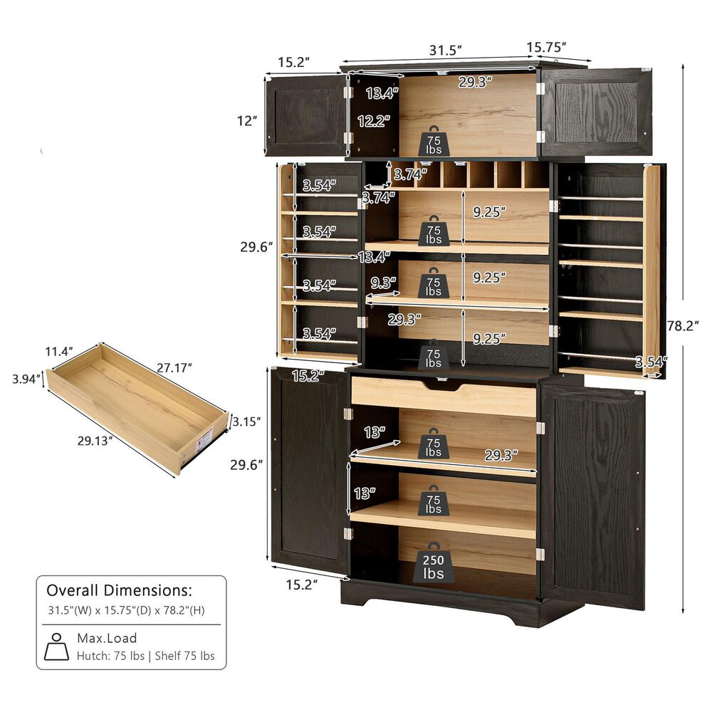 HOMLUX HOMLUX 78.2" Tall Farmhouse Kitchen Pantry Cabinet with 8 Door Shelves, Storage Cabinet with 4 Adjustable Shelves, Hidden Drawer, Wine Rack, Versatile Cupboard for Kitchen, Dining &amp; Bathroom, Ash Black, , large