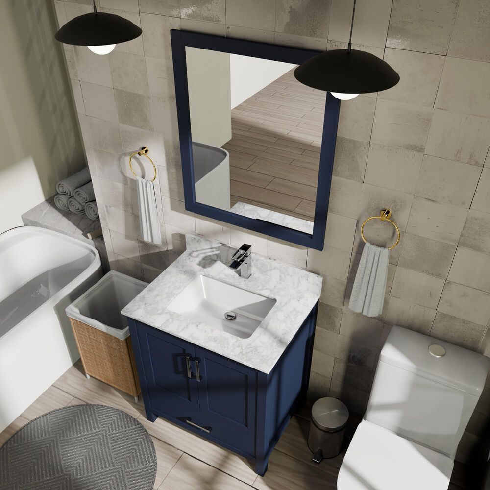 Lexora Home Jacques 30&quot; Single Bathroom Vanity in Navy Blue with 2 cm White Carrara Marble Top and Rectangular Sink, , large