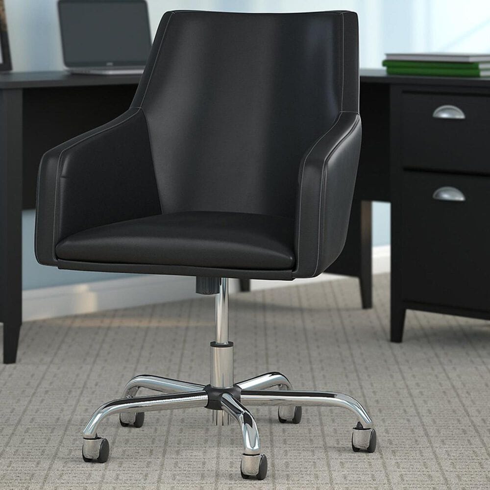 Bush kathy ireland Home Connecticut Box Chair in Black Suede Oak Leather, , large