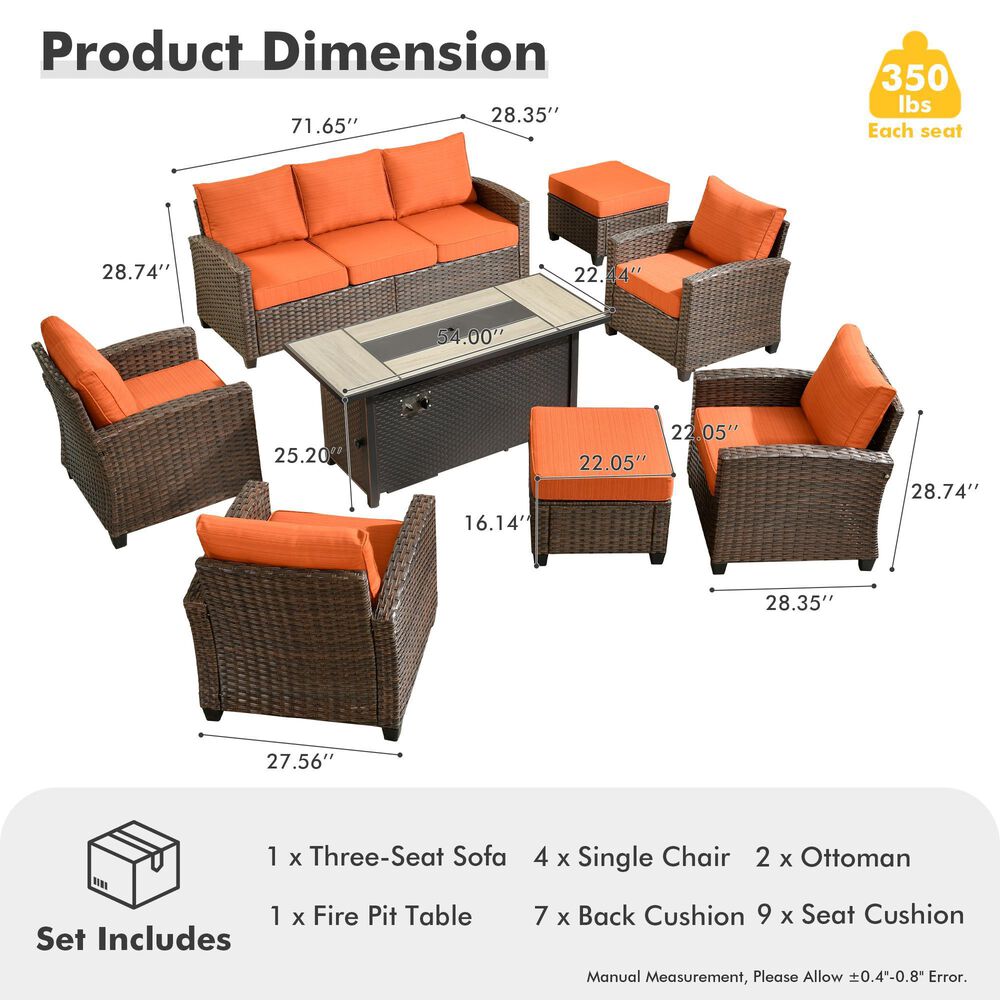 HOMLUX 8-Piece Patio Conversation Set with Fire Pit Table in Orange Red, , large