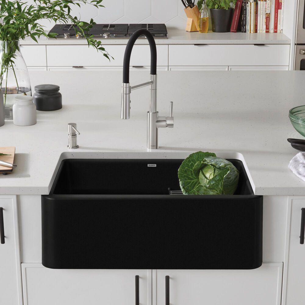 Blanco Ikon 30&quot; Apron Single Bowl Farmhouse Sink in Coal Black, , large