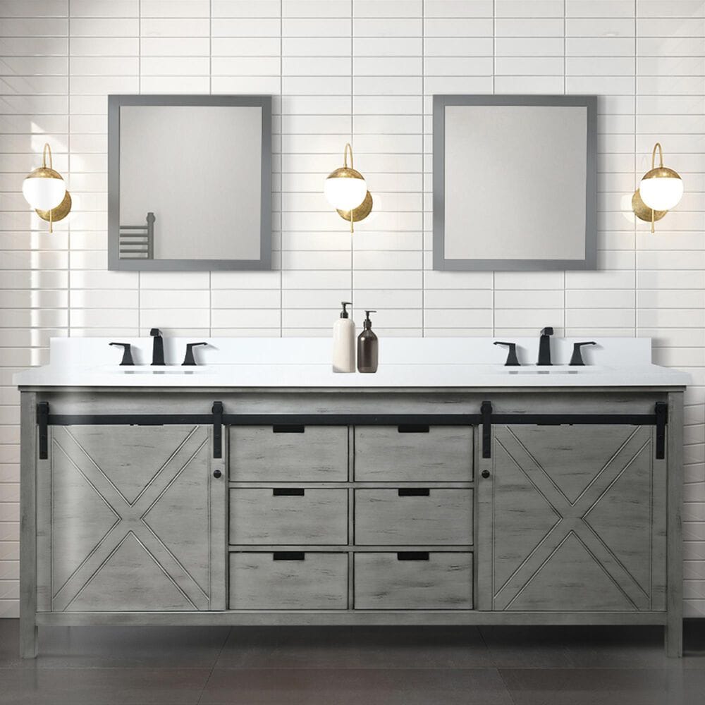 Lexora Home Marsyas 84&quot; Double Bathroom Vanity in Ash Grey with White Quartz Top and Rectangular Sinks, , large