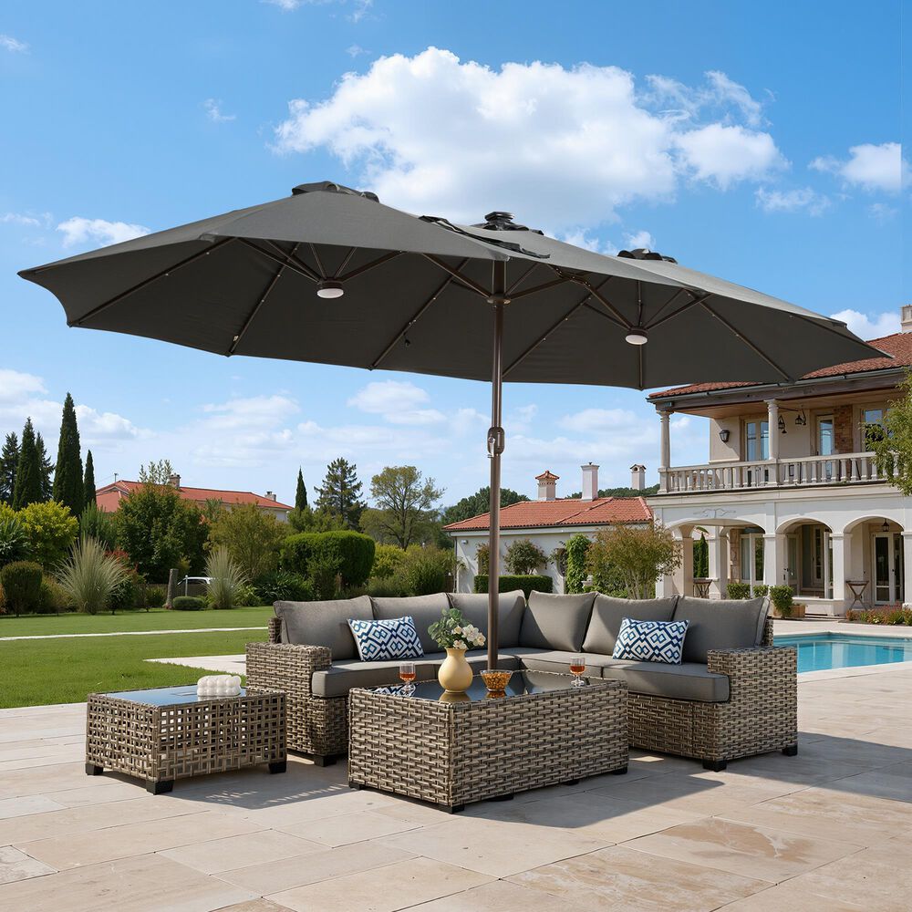 HOMLUX 2-Piece 14.5 ft Patio Umbrella and All-weather Rattan Rectangular Coffee Table Outdoor Set in Dark Gray, , large