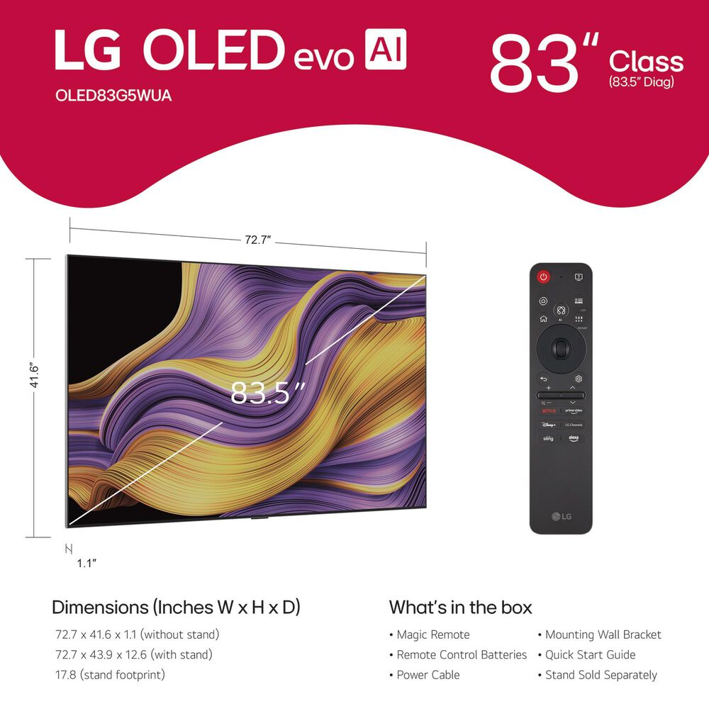 LG 83&quot; Class G5 Series OLED evo AI 4K with Supplied Wall Mount in Black - Smart TV, , large