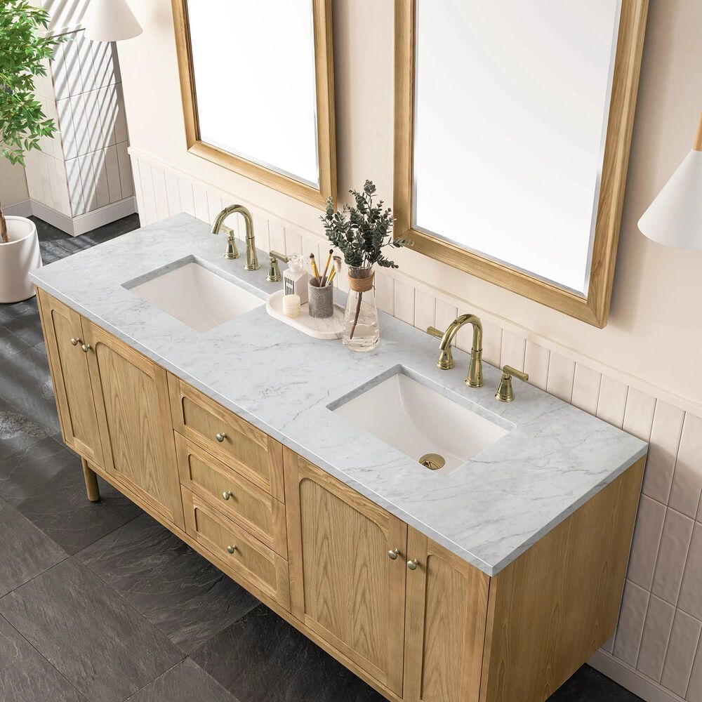 James Martin Vanities Laurent 72&quot; Double Bathroom Vanity in Light Natural Oak with 3 cm Carrara White Marble Top and Rectangular Sinks, , large
