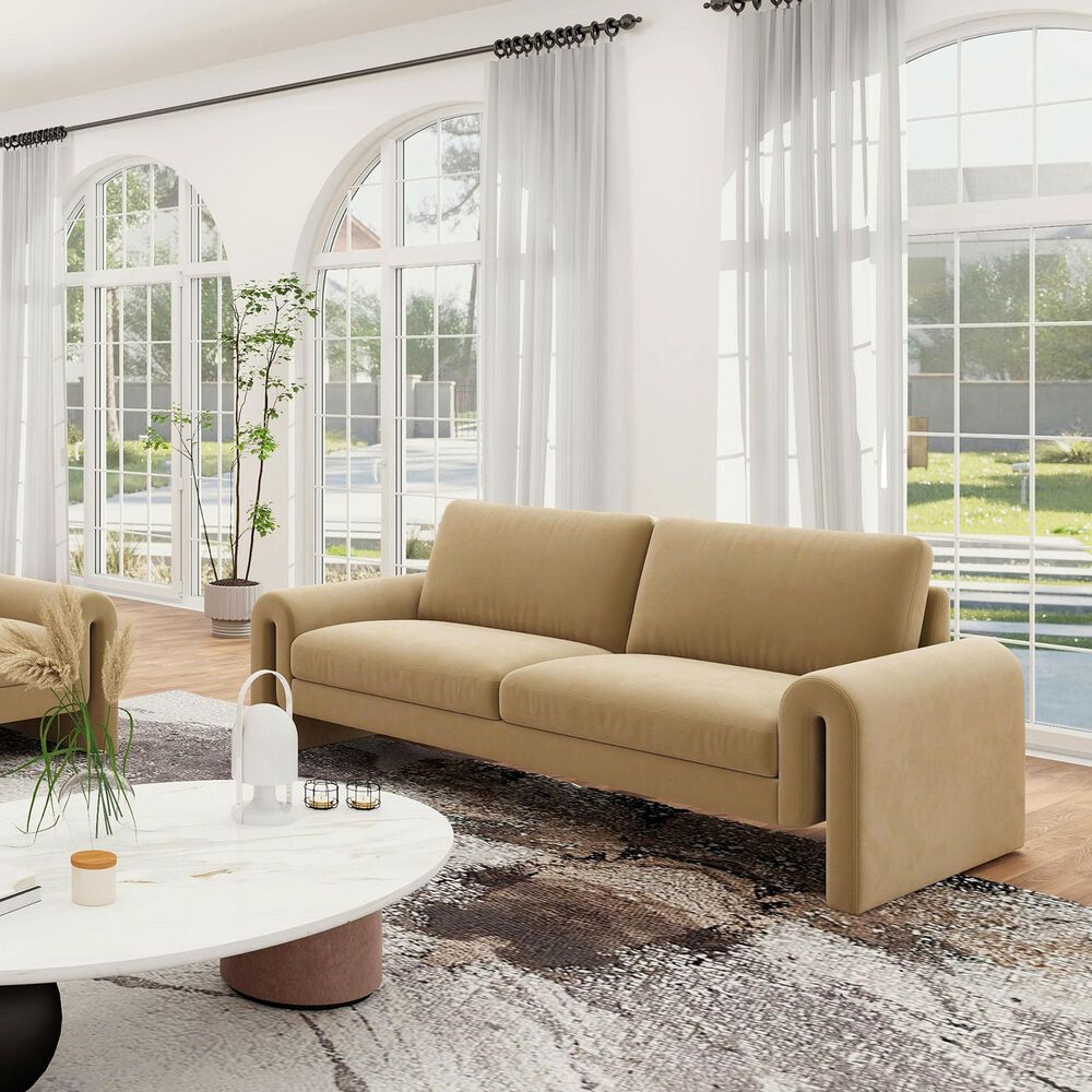 Jennifer Taylor Home Mason Stationary Sofa in Camel Brown Beige Velvet, , large