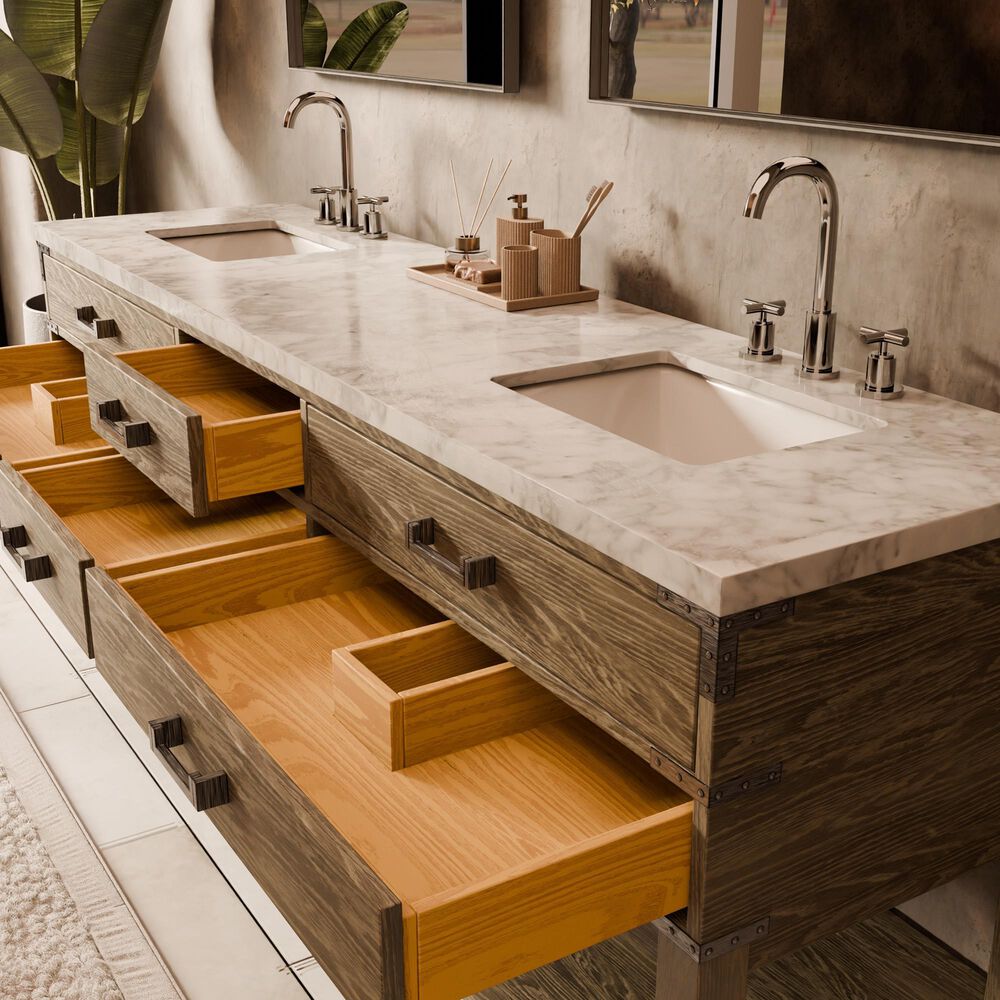 Lexora Home Norwalk 84&quot; Double Bathroom Vanity in Grey Oak with White Carrara Marble Top  and Rectangle Sink, , large