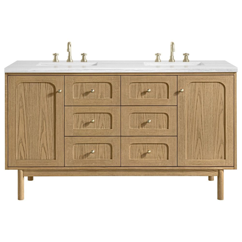 James Martin Vanities Laurent 60" Double Bathroom Vanity in Light Natural Oak with 3 cm Arctic Fall Solid Surface Top and Rectangular Sinks, , large