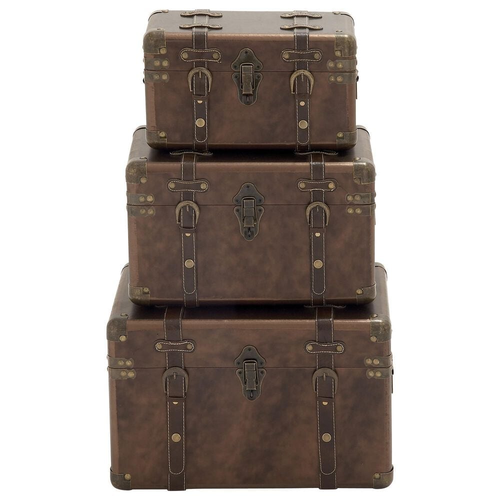 Maple and Jade 18" x 12" Leather Storage Trunk in Brown (Set of 3), , large