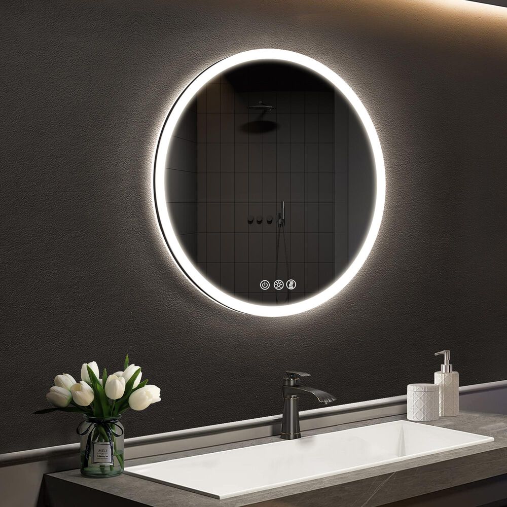 HOMLUX 28" Round LED Bathroom Vanity Mirror in Silver, , large