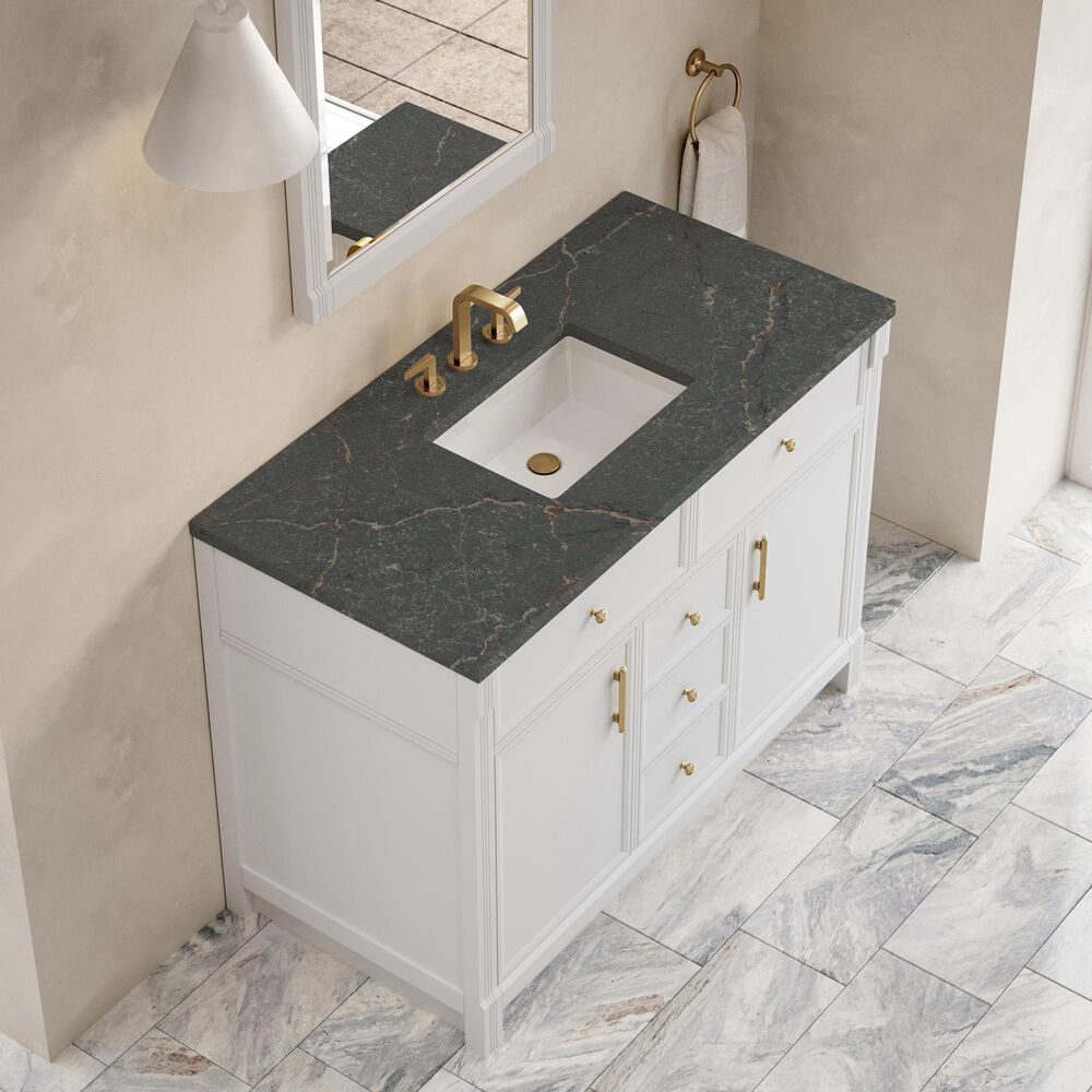 James Martin Bellshire 48" Single Bathroom Vanity in Bright White with 3 cm Parisien Bleu Silestone Top and Rectangular Sink, , large