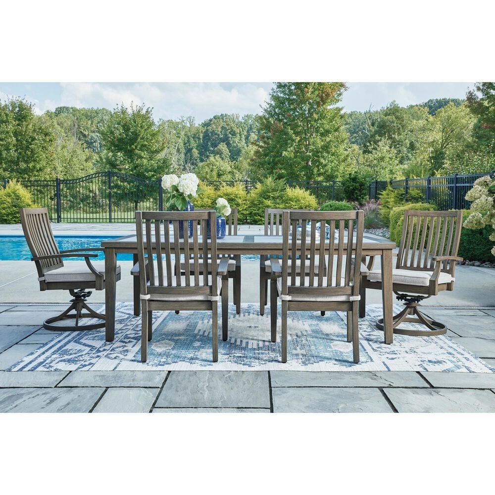 Ashley Rainier Ranch 7-Piece Patio Rectangular Dining Set in Brown and Beige, , large