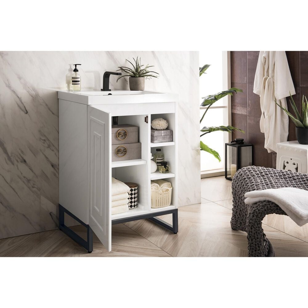 James Martin Vanities Alicante 24&quot; Single Bathroom Vanity in Glossy White and Matte Black with 5 cm White Glossy Resin Top and Rectangular Sink, , large