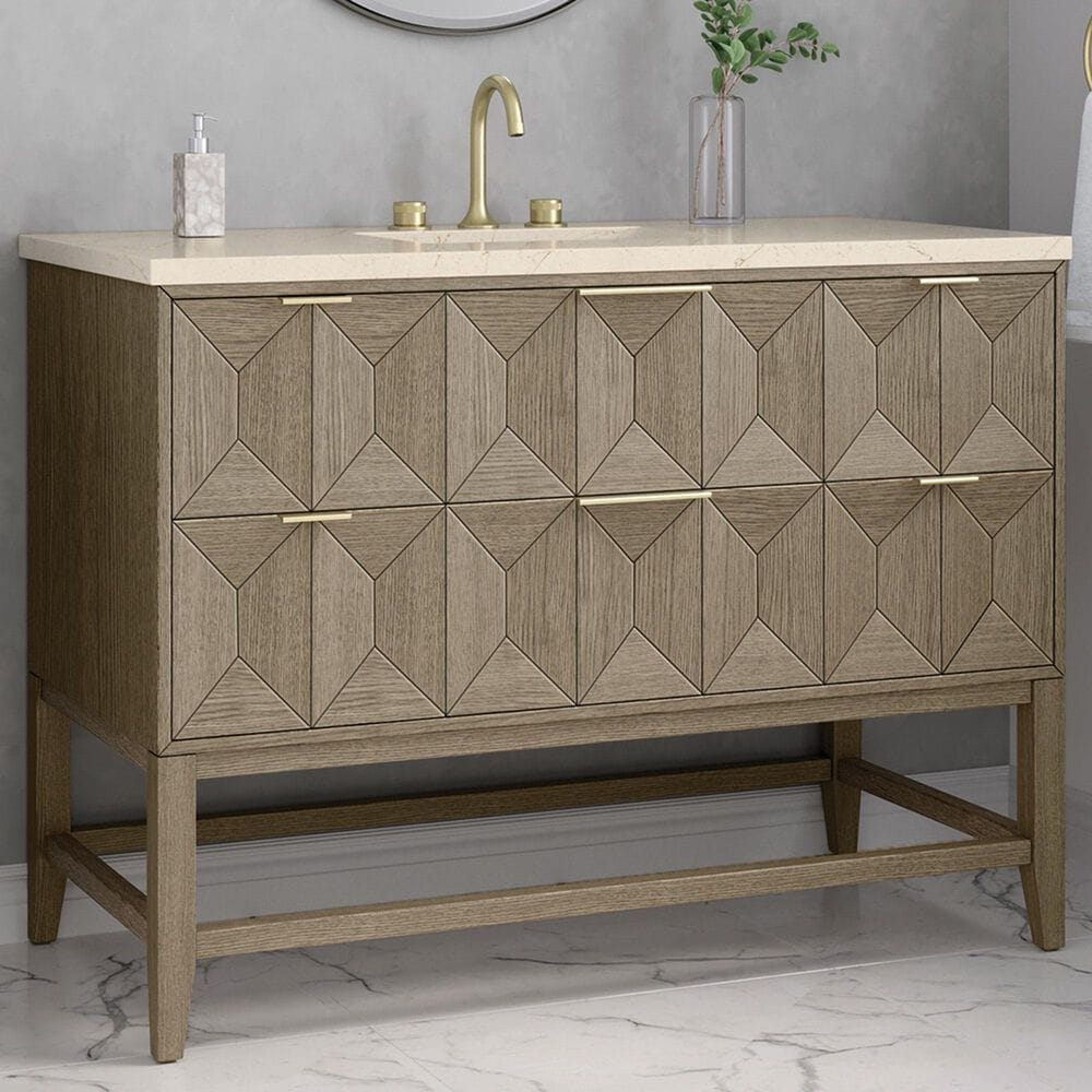 James Martin Vanities Emmeline 48&quot; Single Vanity in Pebble Oak with 3 cm Eternal Marfil Quartz Top, , large