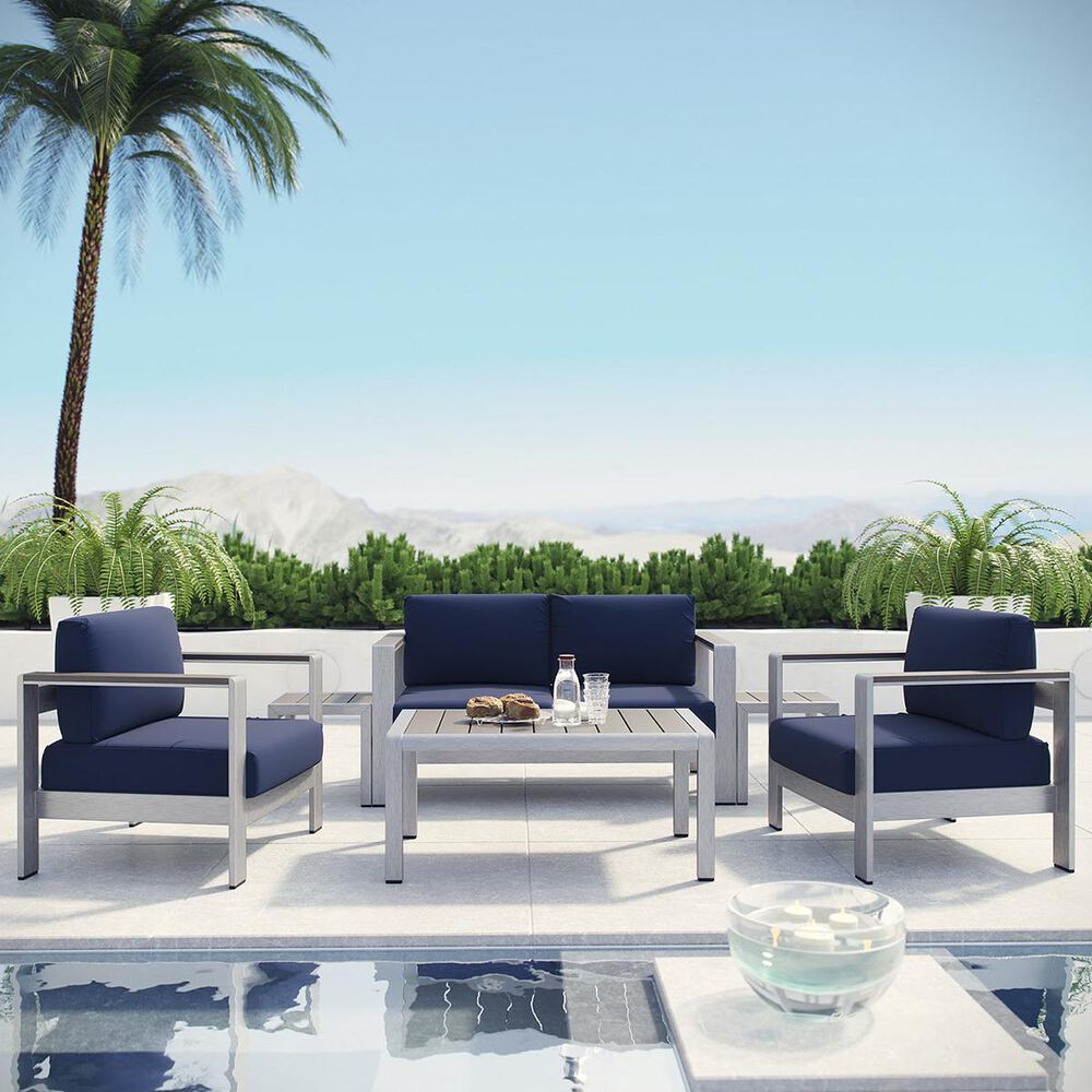 Modway Shore 6-Piece Outdoor Patio Aluminum Conversation Set in Silver and Navy, , large