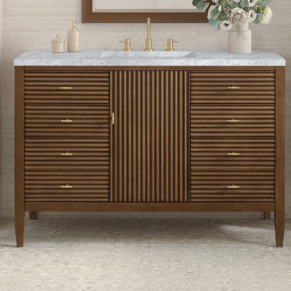 James Martin Vanities Myrrin 48&quot; Vanity in Mid-Century Walnut with 3 cm Carrara White Marble Top, , large
