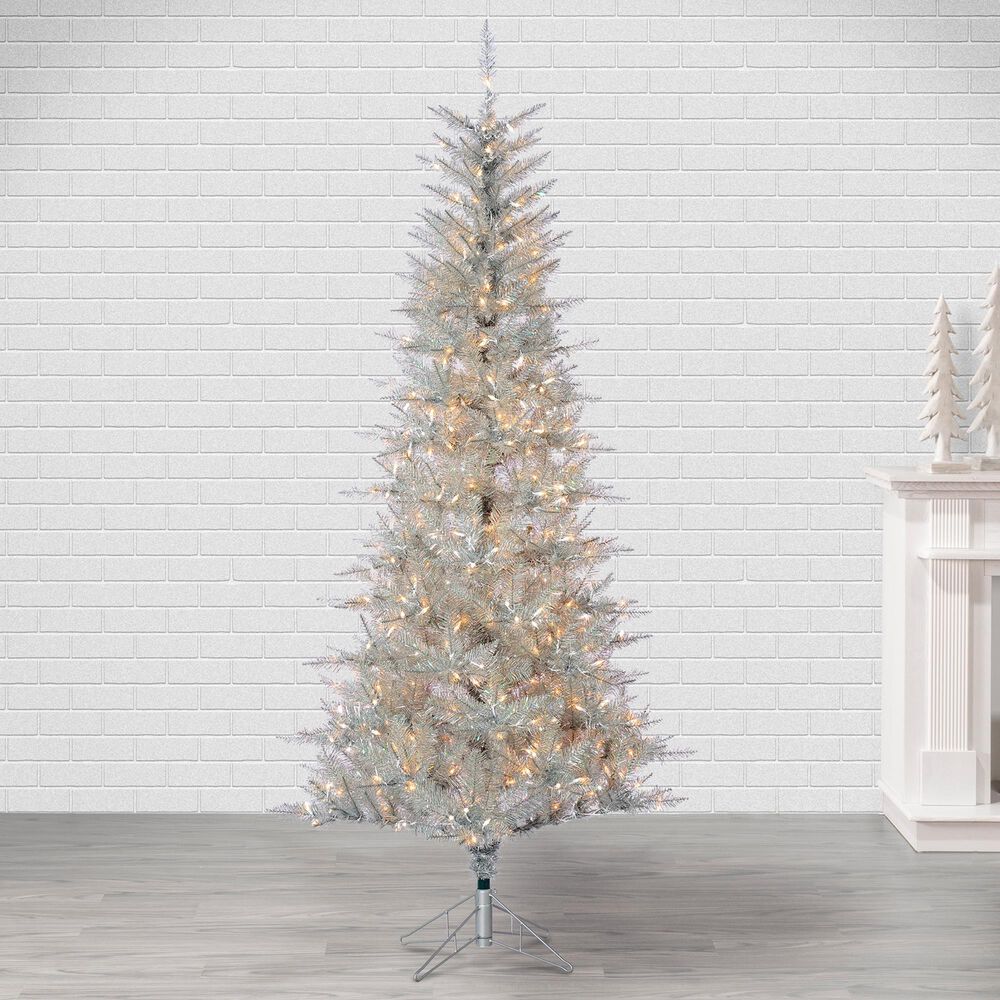 The Gerson Company 7.5&#39; Pre-Lit Tuscany Tinsel Christmas Tree with 450 Lights in Silver, , large