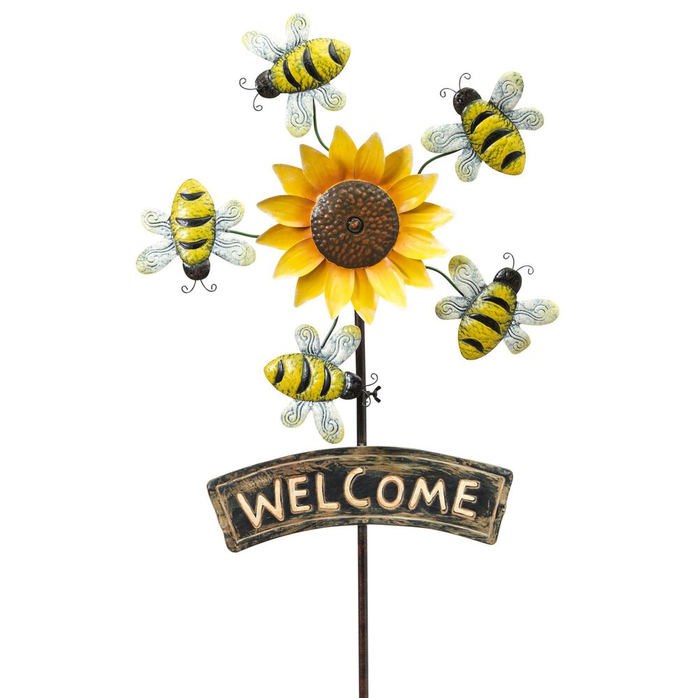 The Gerson Company 63" Sunflower Yard Stake with Wind Spinner Bees in Yellow, , large