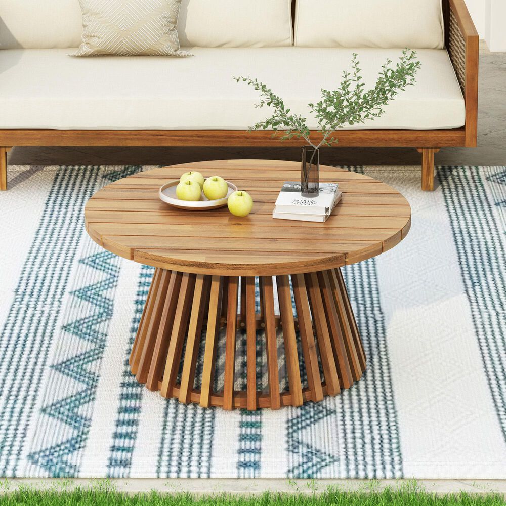 Hearth and Haven Outdoor Round Coffee Table with Slatted Base in Teak, , large