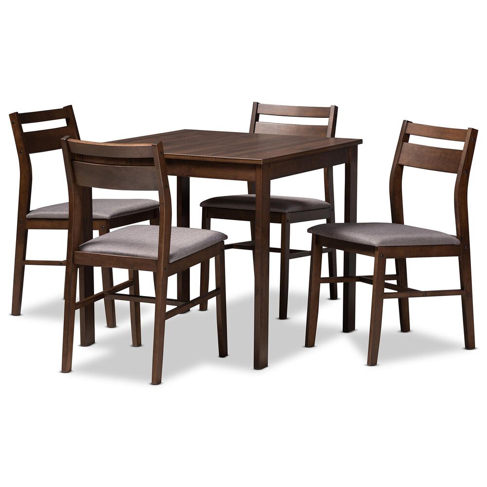 Baxton Studio Lovy 5-Piece Square Dining Set with Gray Fabric in Dark Walnut, , large