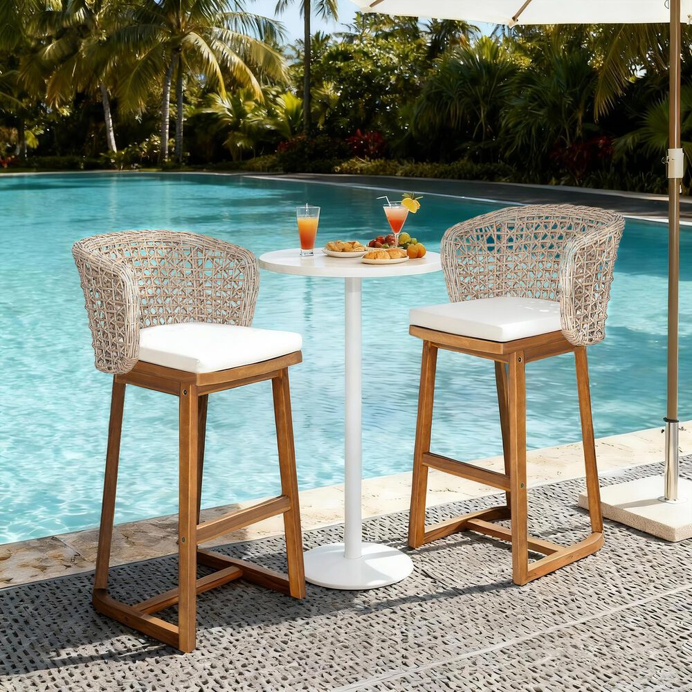 Hearth and Haven Outdoor Bar Stool with Woven Wicker Back and Cushion in Beige (Set of 2), , large