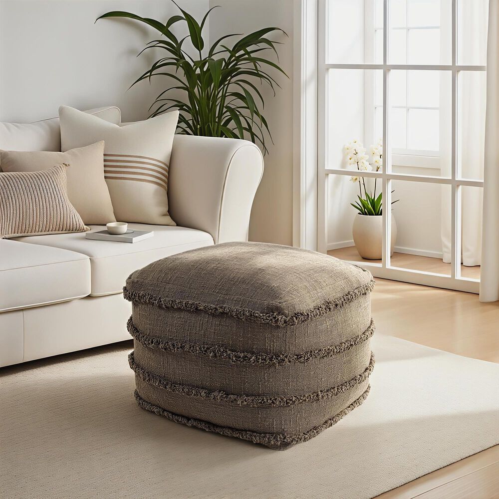 LR Home 18" Square Striped Pouf in Brown, , large