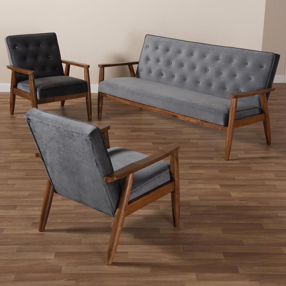 Baxton Studio Sorrento 3-Piece Living Room Set in Grey Velvet and Brown Finish, , large