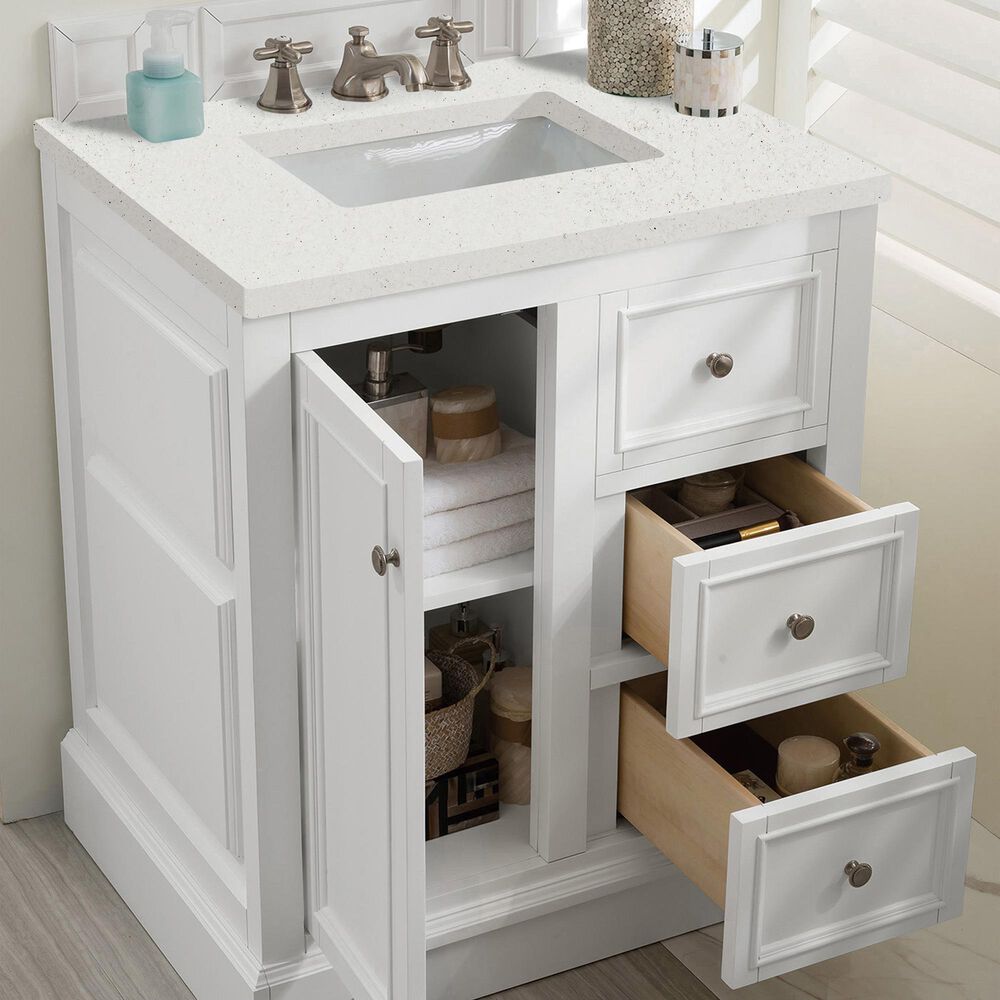 James Martin Vanities De Soto 30" Single Bathroom Vanity in Bright White with 3 cm Lime Delight Quartz Top and Rectangular Sink, , large