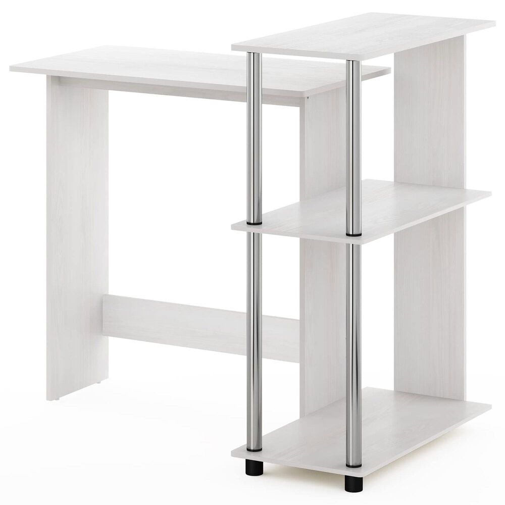 HOMLUX L-Shaped Computer Desk with Open Display Shelves in White Oak and Stainless Steel, , large