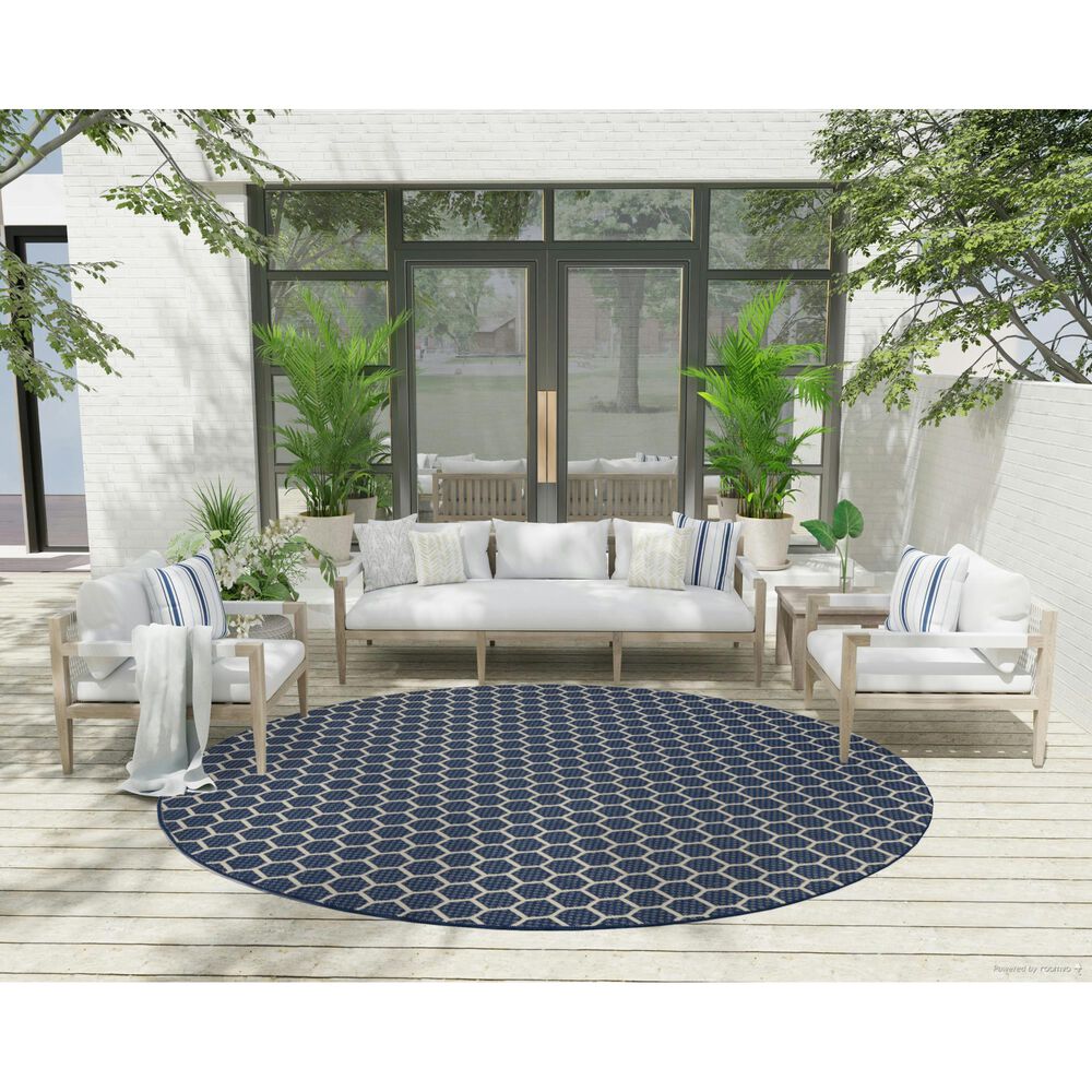 Nourison Twist Reversible 8&#39; Round Navy Indoor/Outdoor Area Rug, , large
