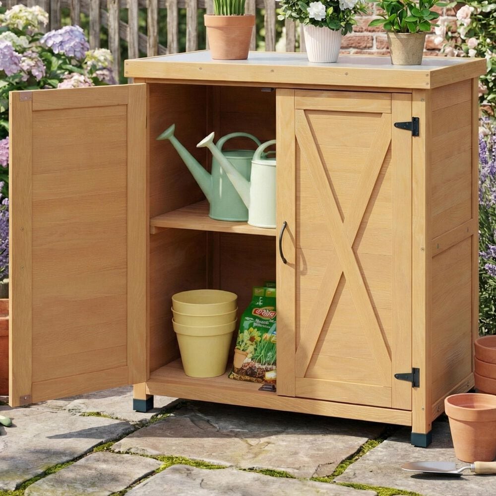 Hearth and Haven Outdoor Wooden Storage Cabinet with Metal Top and Adjustable Protective Footpad in Light Brown, , large