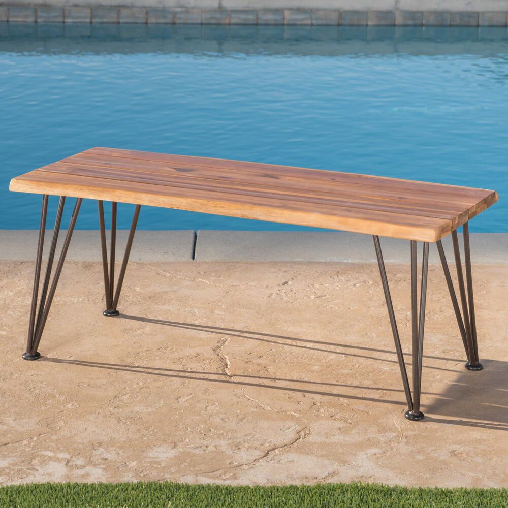 Hearth and Haven Zion Outdoor Modern Rectangular Coffee Table with Metal Hairpin Legs in Teak, , large