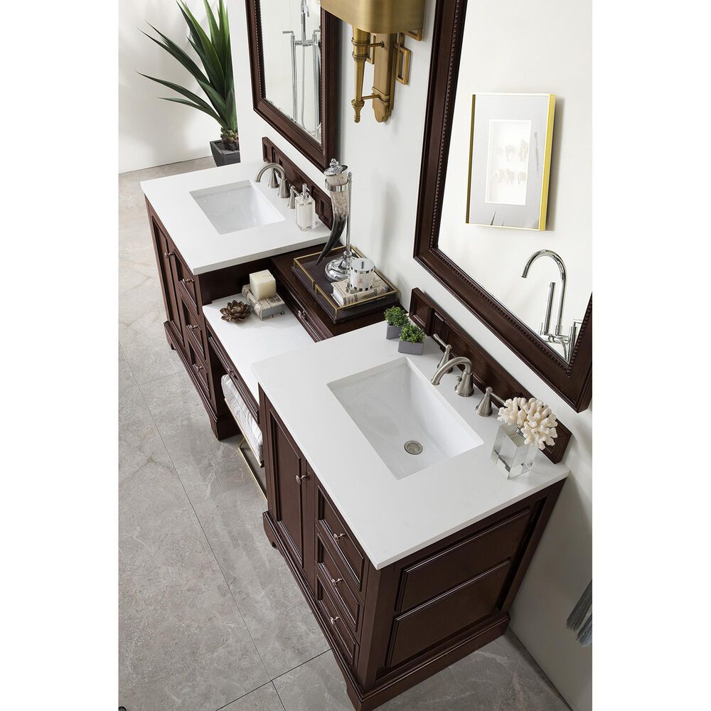 James Martin De Soto 82" Double Bathroom Vanity in Burnished Mahogany with 3 cm Classic White Quartz Top, , large