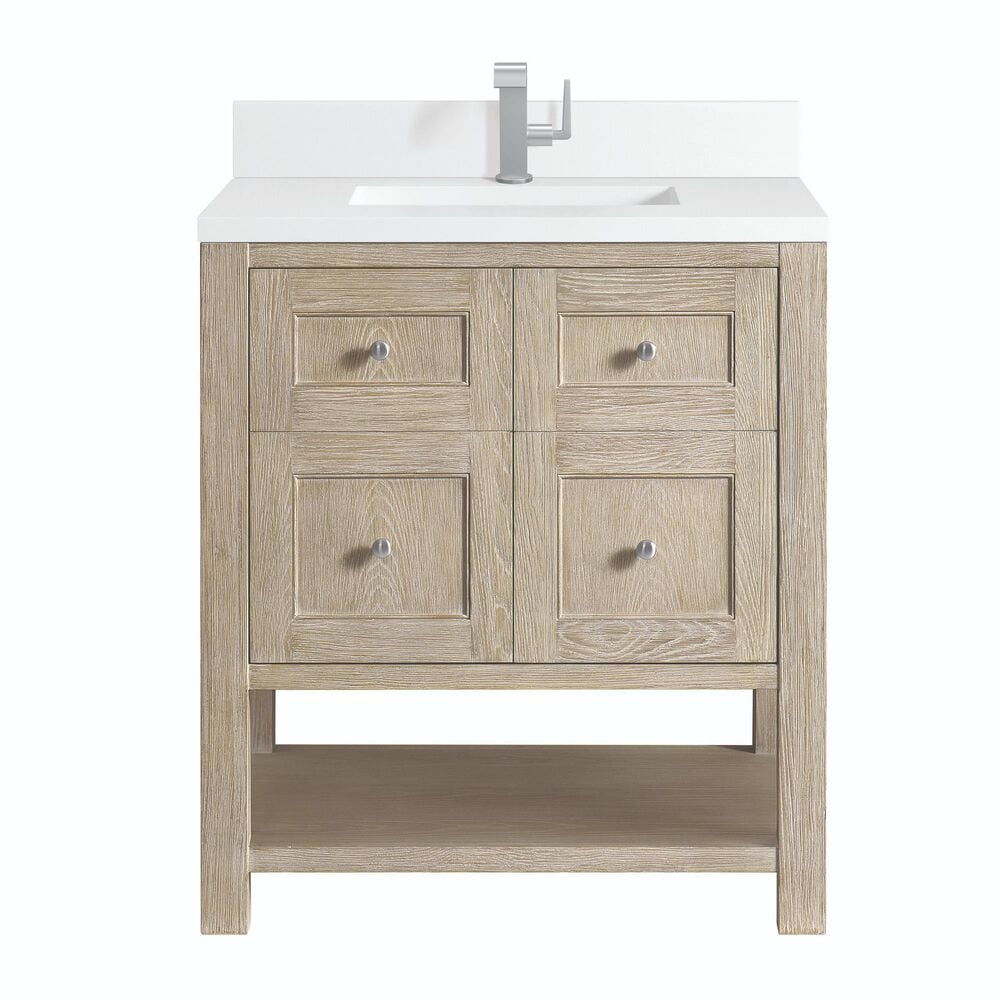 James Martin Vanities Breckenridge 30" Single Vanity in Whitewashed Oak w/Single Hole 3 CM White Zeus Quartz Top & Backsplash, , large