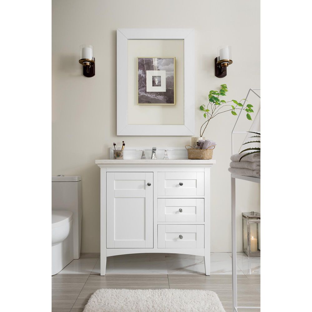 James Martin Vanities Palisades 36&quot; Single Bathroom Vanity in Bright White with 3 cm Arctic Fall Solid Surface Top and Rectangular Sink, , large