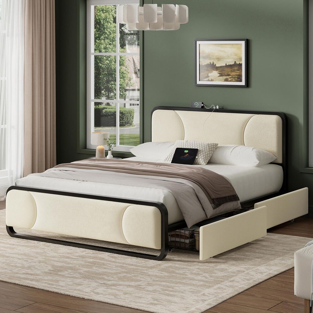 HOMLUX Queen Upholstered Platform Storage Bed in Beige, , large