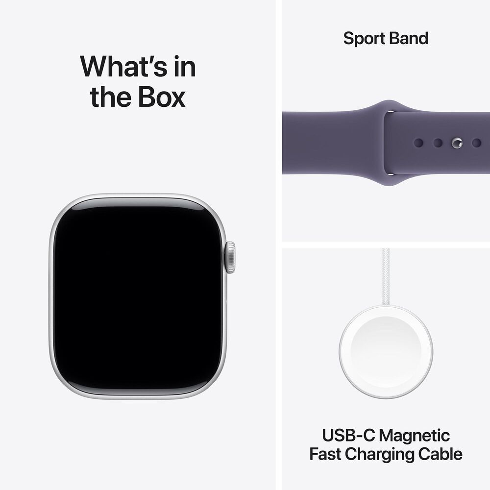 Apple Watch Series 11 (GPS+Cellular) 46mm Aluminum Case with Purple Fog Sport Band - S/M in Silver and 2-Year AppleCare+, , large