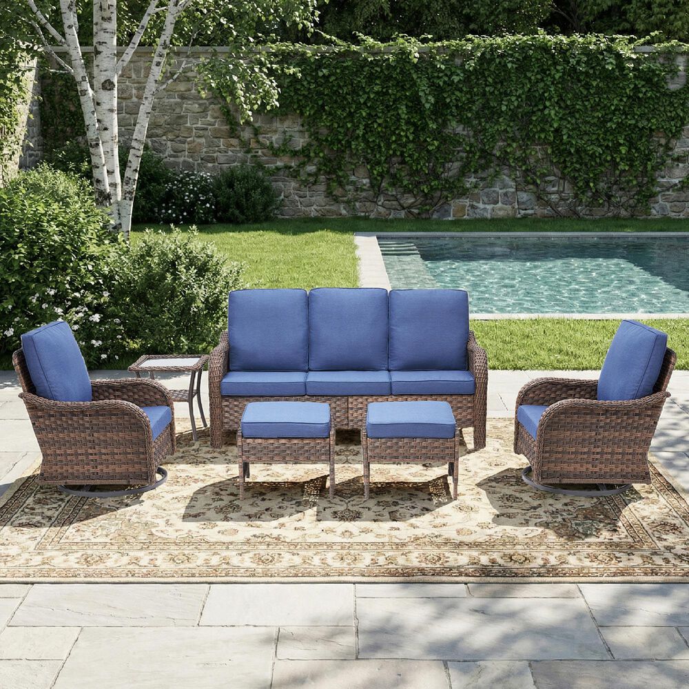 Sunwell Garden 6-Piece Patio Chat Set Two Ottomans in Navy, , large