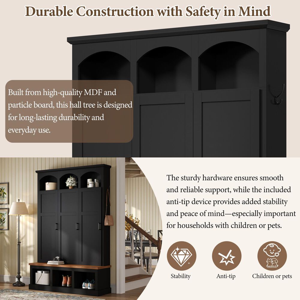 HOMLUX 5-Hook Hall Tree with 3 Hidden Storage in Black and Walnut, , large