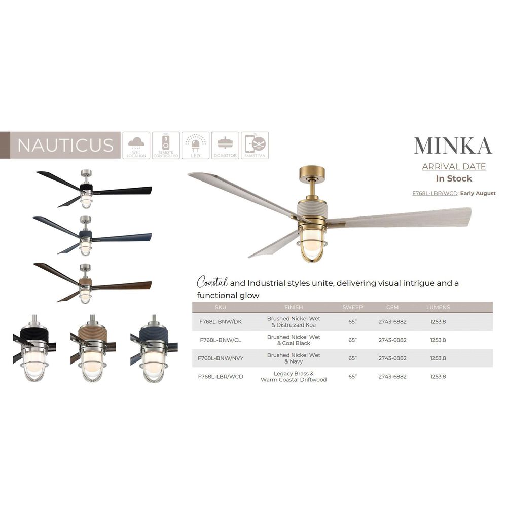 Minka-Aire Nauticus 65" Smart Indoor/Outdoor Ceiling Fan with Warm Coastal Driftwood Blades in Legacy Brass, , large