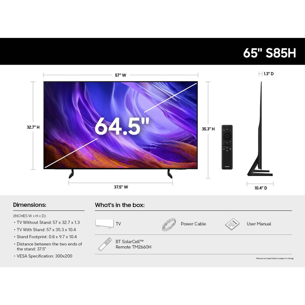 Samsung 65" Class S85H OLED 4K UHD Vision AI in Black - Smart Tizen TV (2026), , large