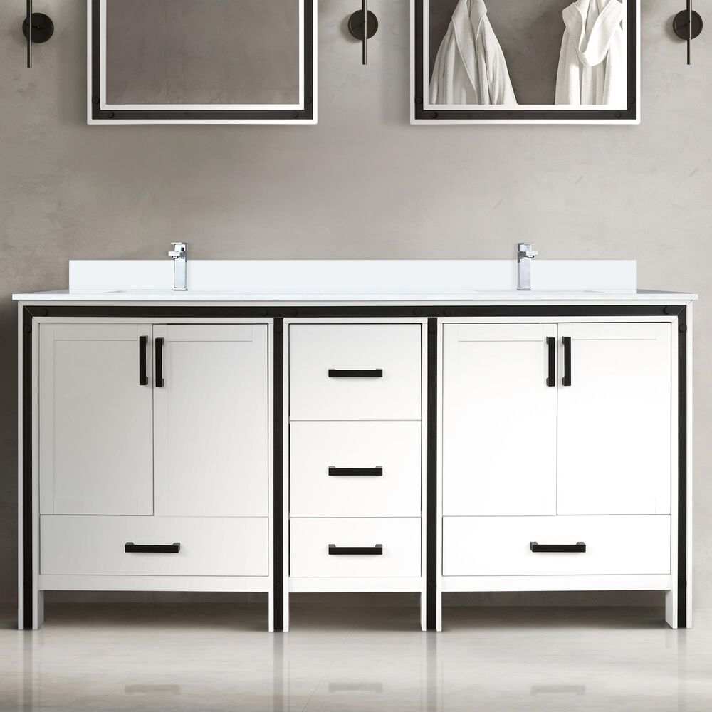 Lexora Home Ziva 72&quot; Double Bathroom Vanity in White with 2 cm White Cultured Marble Top and Rectangular Sinks, , large