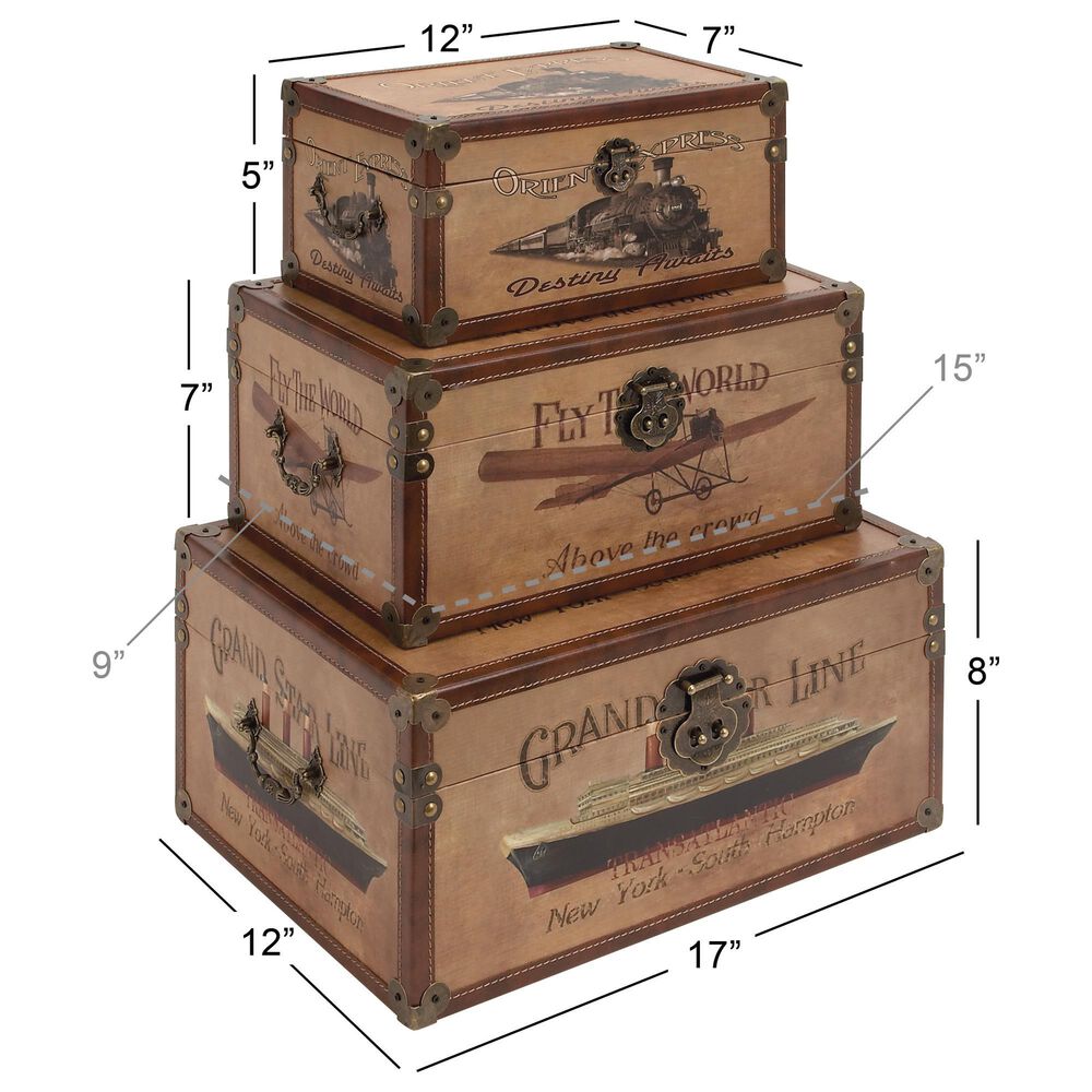 Maple and Jade 3-Piece Transportation Vintage Decorative Trunk in Matte Brown and Gold, , large