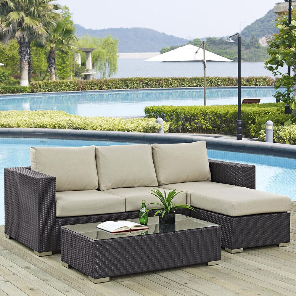 Modway Convene 3-Piece Outdoor Patio Sectional Set in Espresso and Beige, , large