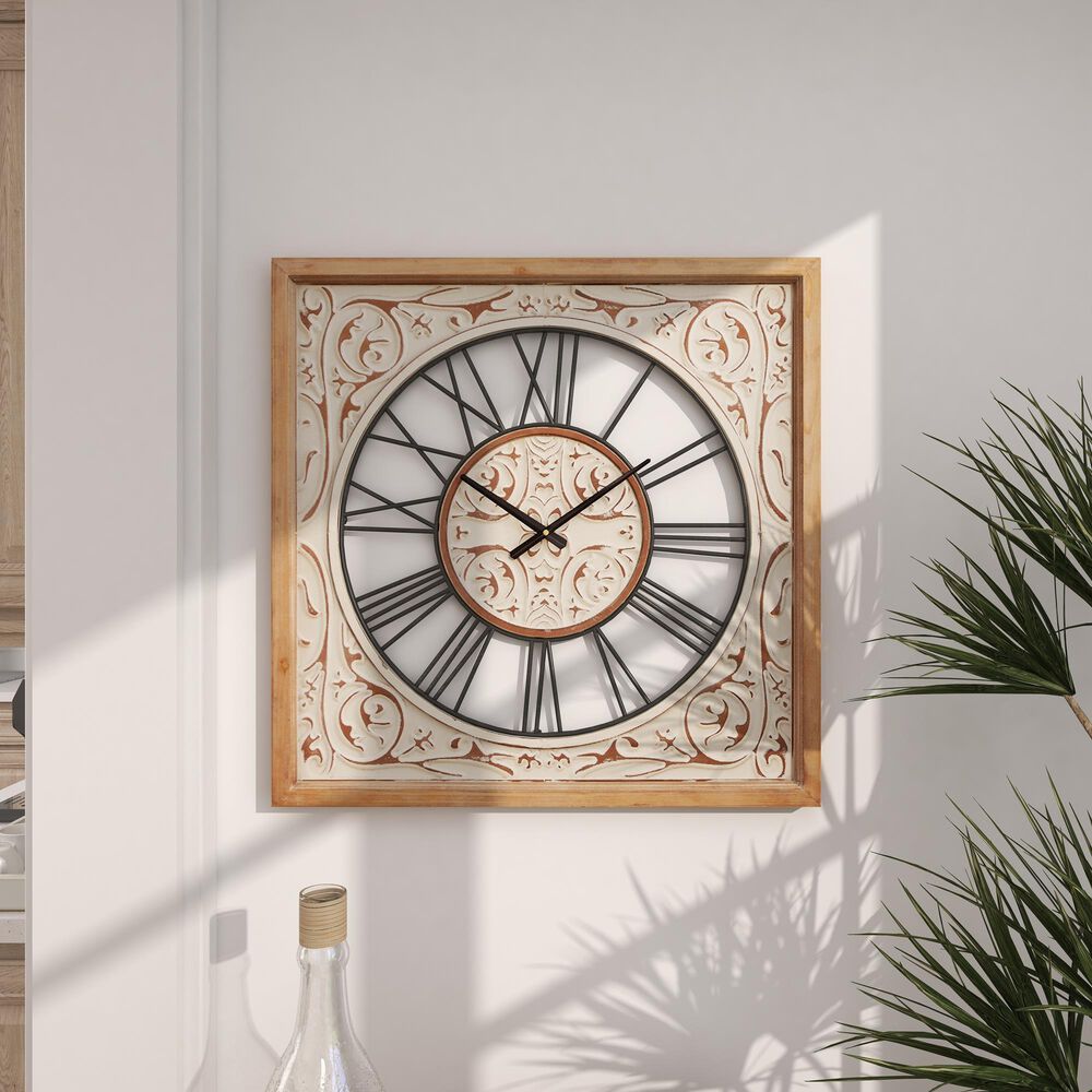 Maple and Jade 29&quot; Wall Clock in Distressed White and Brown, , large